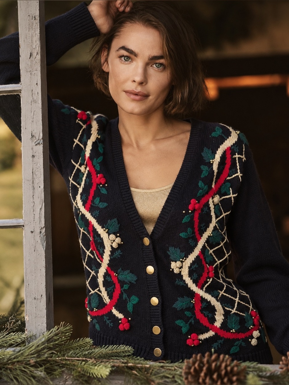 VTG 90s Dress Barn Embroidered Holiday Christmas Cottagecore Cardigan Sweater, M
